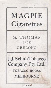 1921 J.J.Schuh Magpie Cigarettes Victorian League Footballers #NNO Stan Thomas Back